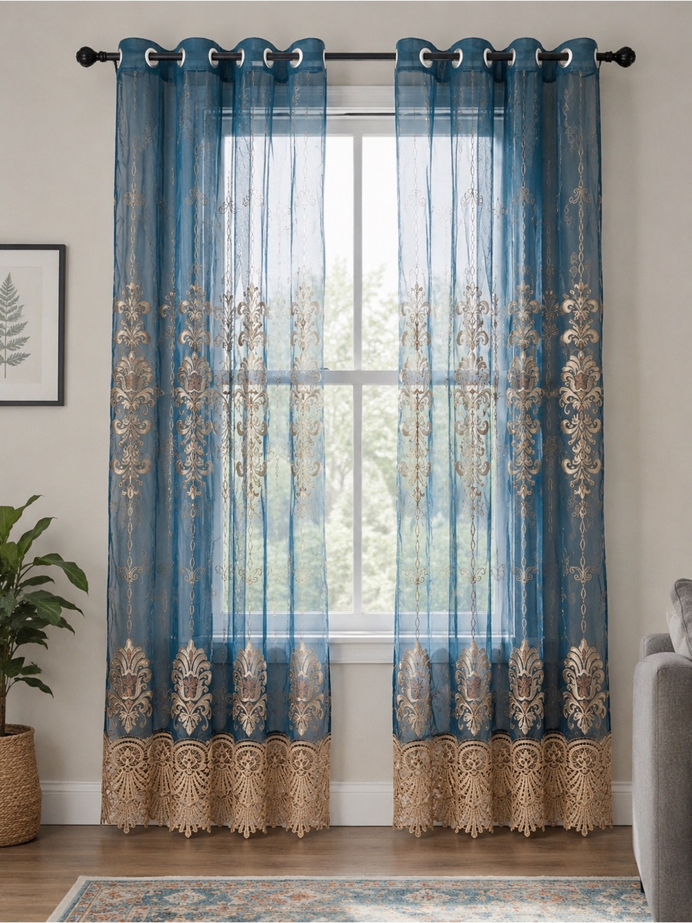 Embroidered Sheer Curtain Panels Teal Blue Gold Floral Lace 79” x 103” Set of 2